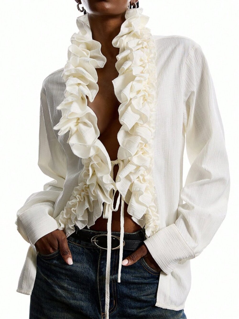 Beige Casual Women's Ruffle Trim Long Sleeve Blouse